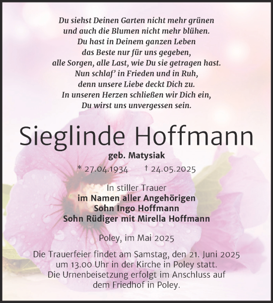Traueranzeige von Sieglinde Hoffmann von Trauerkombi Bernburg
