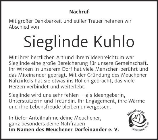 Traueranzeige von Sieglinde Kuhlo von Trauerkombi Weißenfels