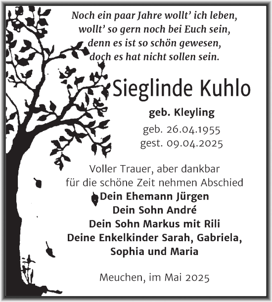 Traueranzeige von Sieglinde Kuhlo von Trauerkombi Weißenfels