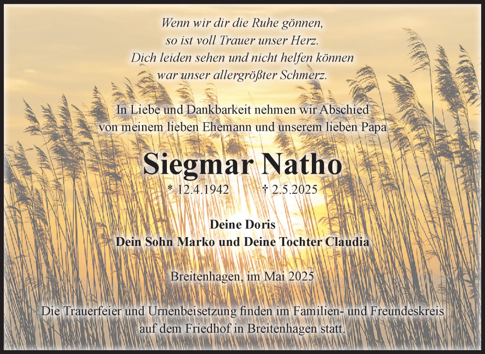  Traueranzeige für Siegmar Natho vom 10.05.2025 aus Volksstimme Schönebeck