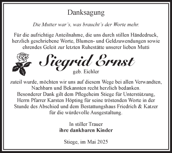 Traueranzeige von Siegrid Ernst von Volksstimme Wernigerode