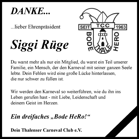 Traueranzeige von Siggi Rüge von Trauerkombi Quedlinburg
