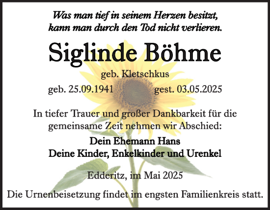 Traueranzeige von Siglinde Böhme von Trauerkombi Köthen