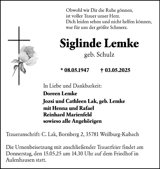 Traueranzeige von Siglinde Lemke von Volksstimme Altmark West