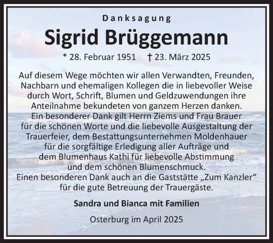 Traueranzeige von Sigrid Brüggemann von Volksstimme Altmark Ost
