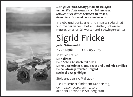 Traueranzeige von Sigrid Fricke von Mitteldeutsche Zeitung Sangerhausen