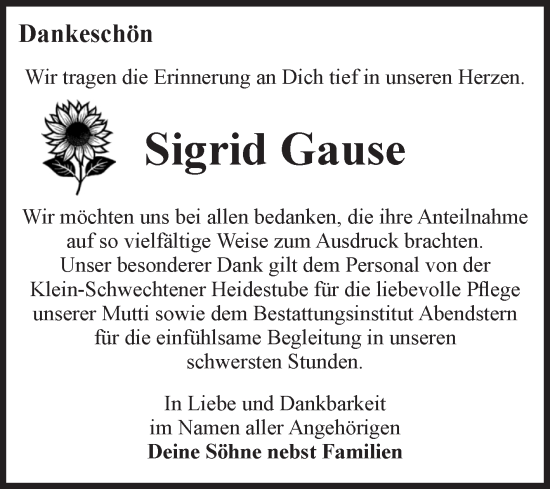 Traueranzeige von Sigrid Gause von Volksstimme Altmark Ost