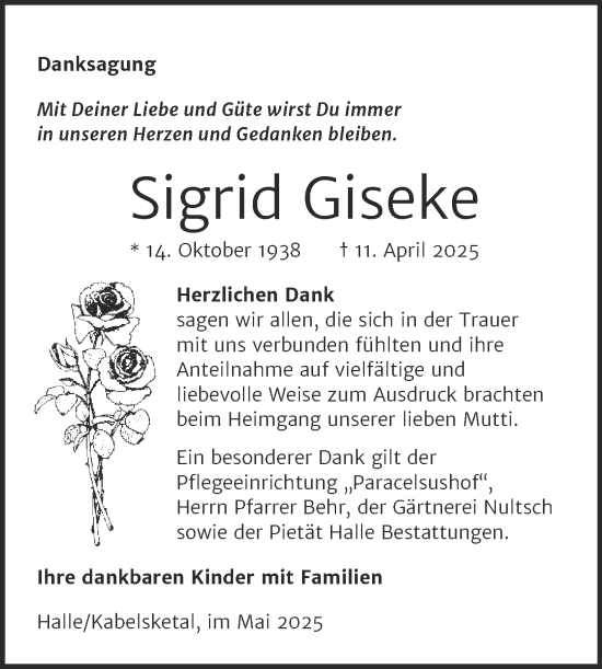 Traueranzeige von Sigrid Giseke von Mitteldeutsche Zeitung Halle/Saalkreis