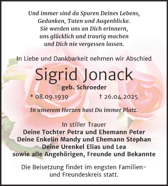 Traueranzeige von Sigrid Jonack von Trauerkombi Bitterfeld