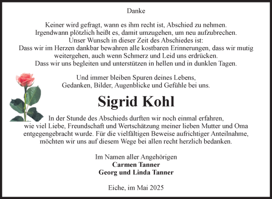 Traueranzeige von Sigrid Kohl von Volksstimme Haldensleben/Wolmirstedt