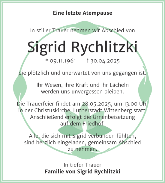 Traueranzeige von Sigrid Rychlitzki von Trauerkombi Wittenberg