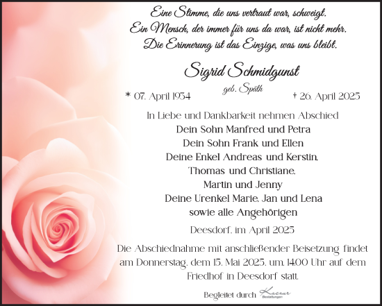 Traueranzeige von Sigrid Schmidgunst von Volksstimme Oschersleben/Wanzleben