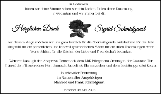 Traueranzeige von Sigrid Schmidgunst von Volksstimme Oschersleben/Wanzleben