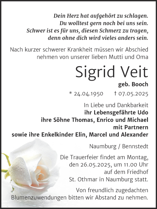 Traueranzeige von Sigrid Veit von Naumburger Tageblatt