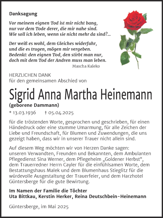 Traueranzeige von Sigrid Anna Martha Heinemann von Trauerkombi Quedlinburg