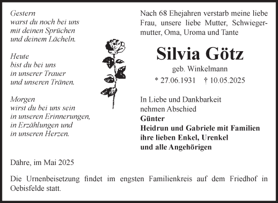 Traueranzeige von Silvia Götz von Volksstimme Altmark West