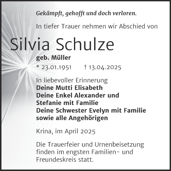 Traueranzeige von Silvia Schulze von Trauerkombi Bitterfeld