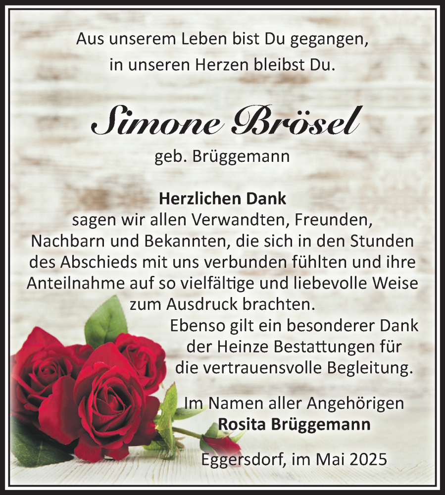  Traueranzeige für Simone Brösel vom 24.05.2025 aus Volksstimme Schönebeck