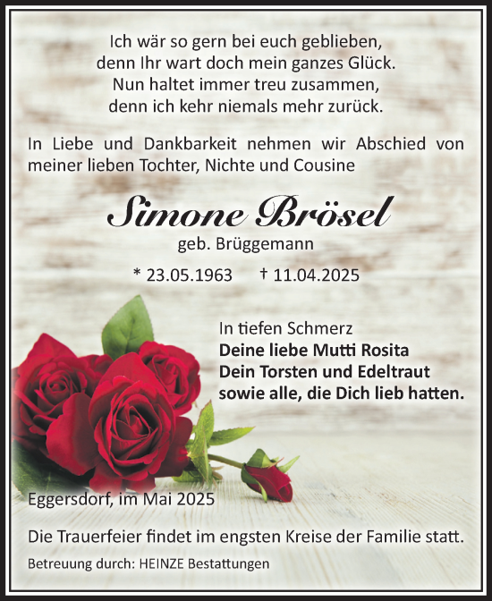 Traueranzeige von Simone Brösel von Volksstimme Schönebeck