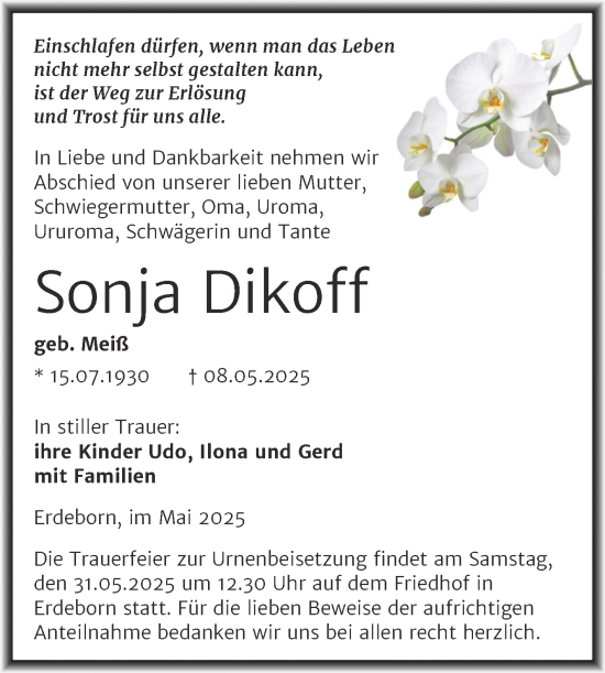 Traueranzeige von Sonja Dikoff von Trauerkombi Mansfelder Land