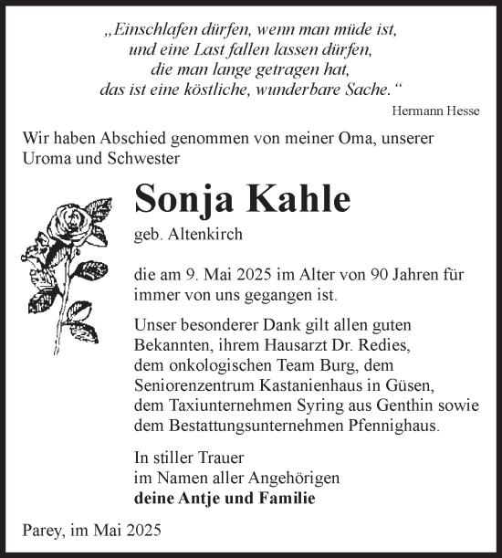 Traueranzeige von Sonja Kahle von Volksstimme Burg/Genthin