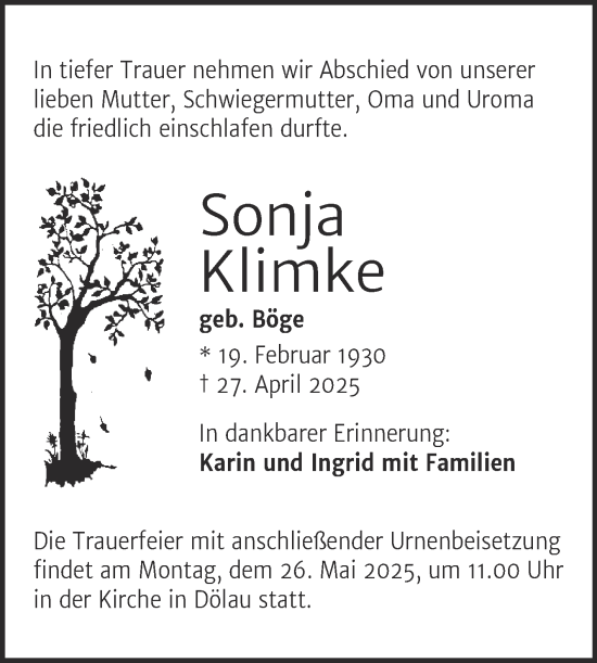 Traueranzeige von Sonja Klimke von Mitteldeutsche Zeitung Halle/Saalkreis