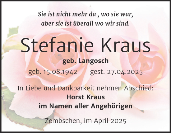 Traueranzeige von Stefanie Kraus von Trauerkombi Weißenfels