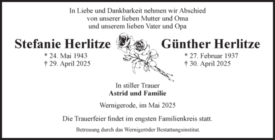 Traueranzeige von Stefanie und Günther Herlitze von Volksstimme Wernigerode