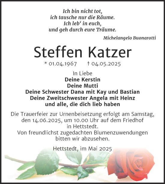 Traueranzeige von Steffen Katzer von Trauerkombi Mansfelder Land