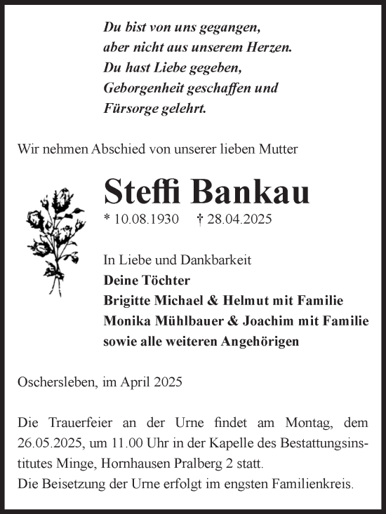 Traueranzeige von Steffi Bankau von Volksstimme Oschersleben/Wanzleben