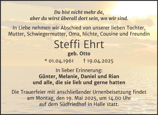 Traueranzeige von Steffi Ehrt von Mitteldeutsche Zeitung Halle/Saalkreis