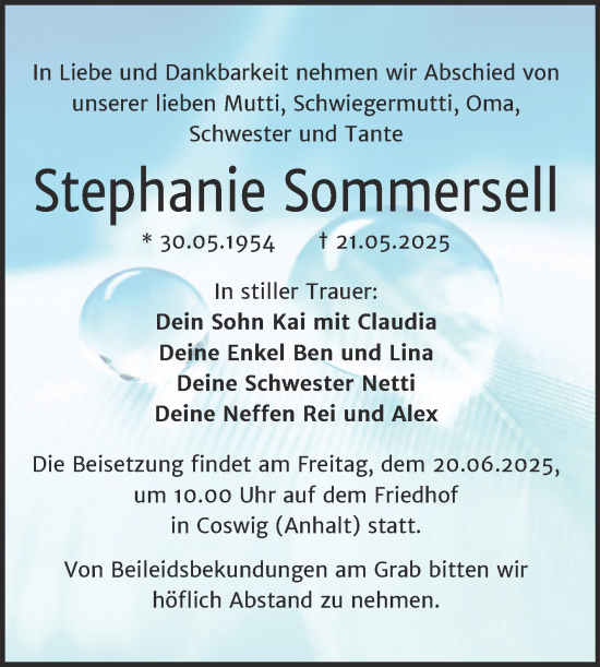 Traueranzeige von Stephanie Sommersell von Trauerkombi Wittenberg
