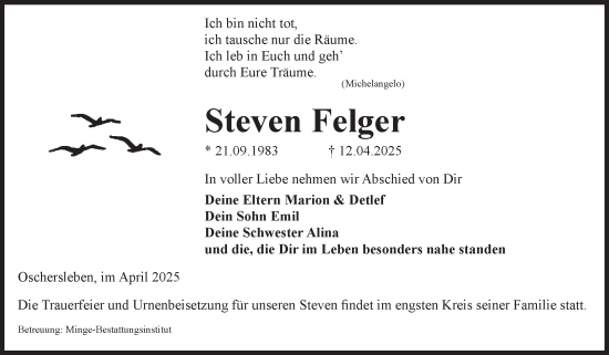 Traueranzeige von Steven Felger von Volksstimme Oschersleben/Wanzleben
