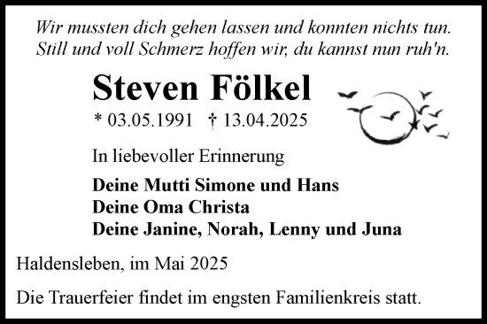Traueranzeige von Steven Fölkel von Volksstimme Haldensleben/Wolmirstedt
