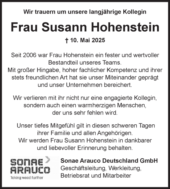 Traueranzeige von Susann Hohenstein von Volksstimme Altmark Ost