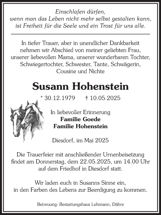 Traueranzeige von Susann Hohenstein von Volksstimme Altmark West