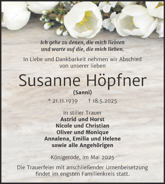 Traueranzeige von Susanne Höpfner von Trauerkombi Quedlinburg