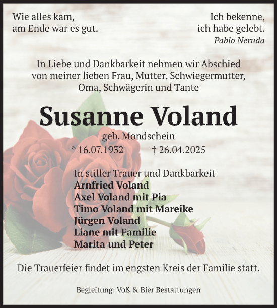 Traueranzeige von Susanne Voland von Volksstimme Wernigerode