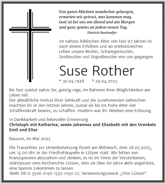 Traueranzeige von Suse Rother von Trauerkombi Weißenfels