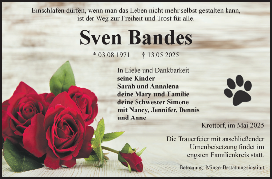 Traueranzeige von Sven Bandes von Volksstimme Oschersleben/Wanzleben