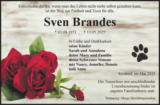 Traueranzeige von Sven Brandes von Volksstimme Oschersleben/Wanzleben