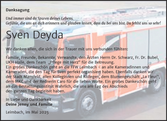 Traueranzeige von Sven Deyda von Trauerkombi Mansfelder Land