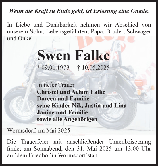 Traueranzeige von Swen Falke von Volksstimme Oschersleben/Wanzleben