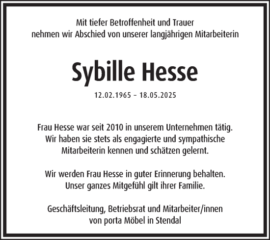 Traueranzeige von Sybille Hesse von Volksstimme Altmark Ost