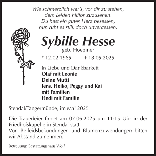 Traueranzeige von Sybille Hesse von Volksstimme Altmark Ost