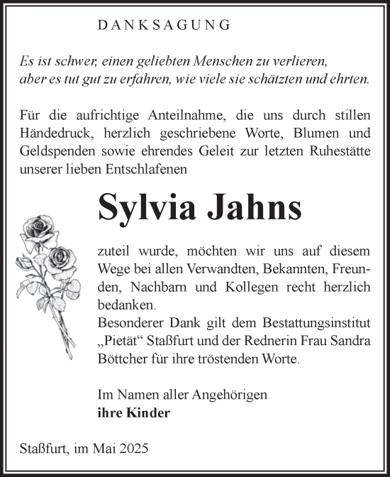 Traueranzeige von Sylvia Jahns von Volksstimme Staßfurt