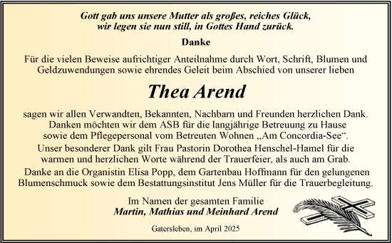 Traueranzeige von Thea Arend von Trauerkombi Aschersleben