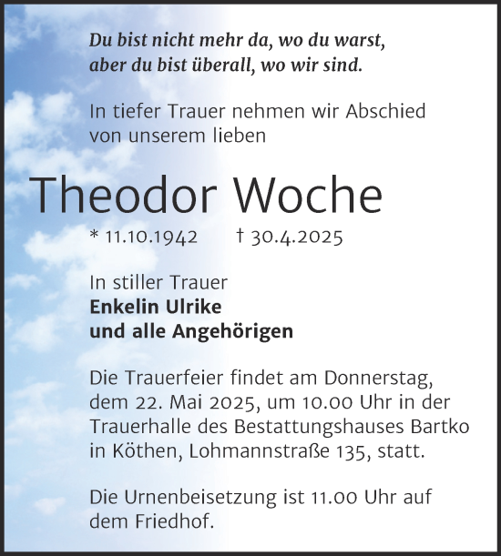 Traueranzeige von Theodor Woche von Trauerkombi Köthen