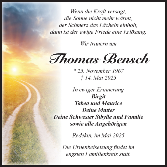 Traueranzeige von Thomas Bensch von Volksstimme Burg/Genthin