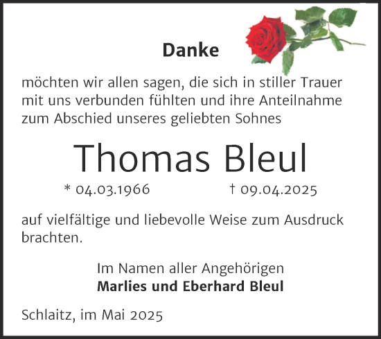 Traueranzeige von Thomas Bleul von Trauerkombi Bitterfeld